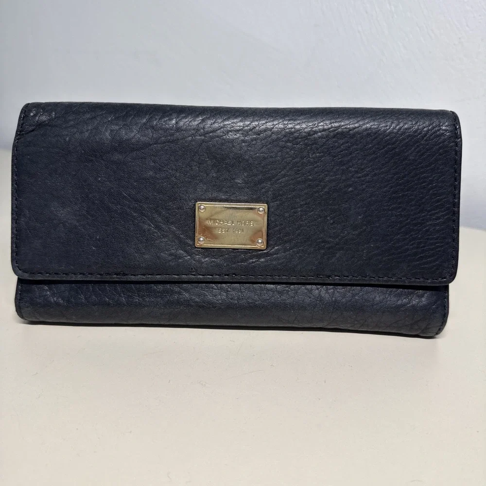 Michael Kors Black Soft Leather Twofold  Snap Zip Flap Women's Large Wallet